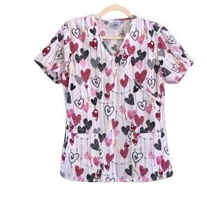 SB Scrubs Womens Heart Print V-Neck Scrub Top S Short Sleeve Pockets